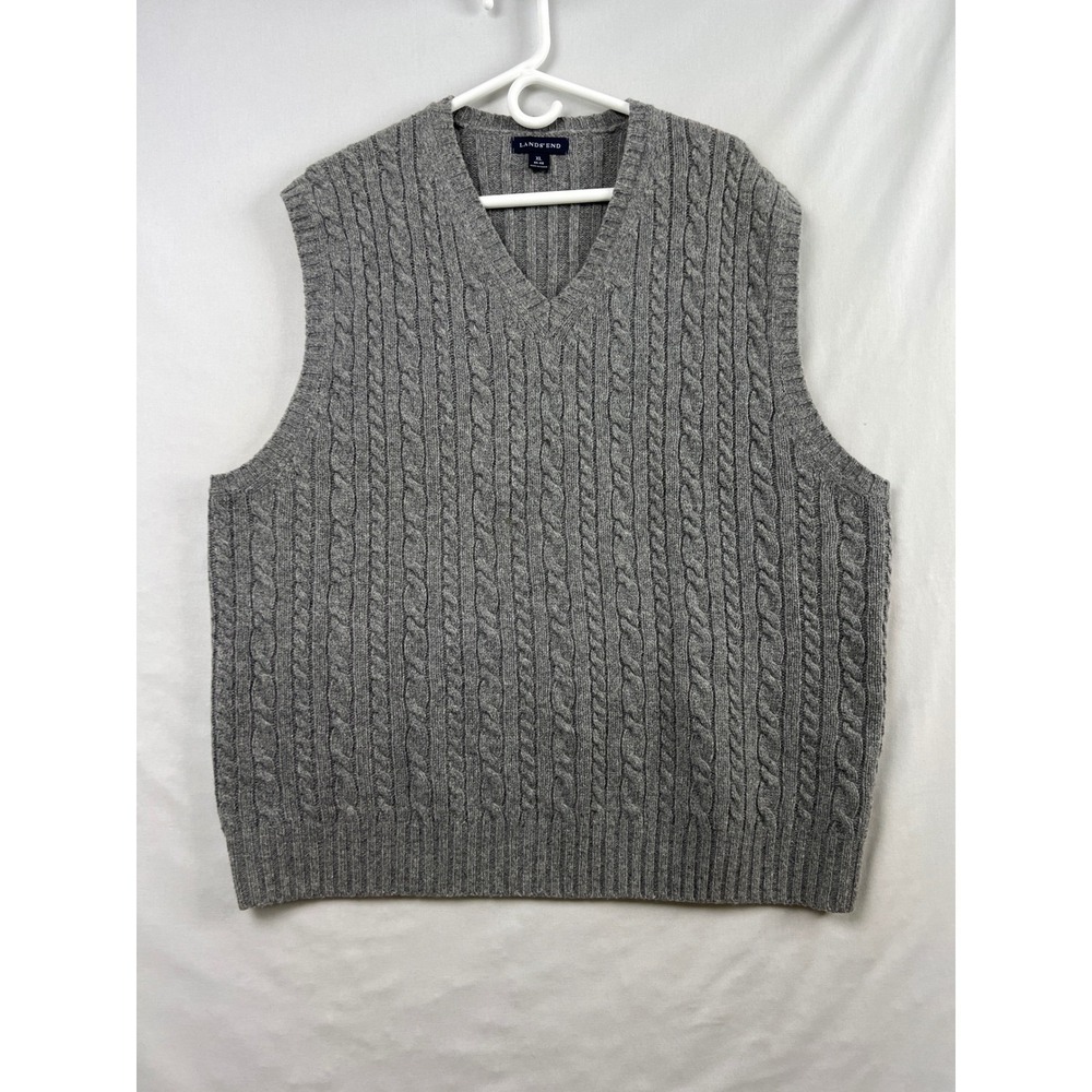 Lands' End Sweater Vest Mens XL Gray 100% Lambswool Cable Knit V-Neck Preppy